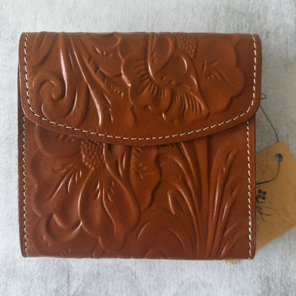 PATRICIA NASH Reiti Bi-Fold Tooled Cognac Brown Leather RFID Wallet NEW